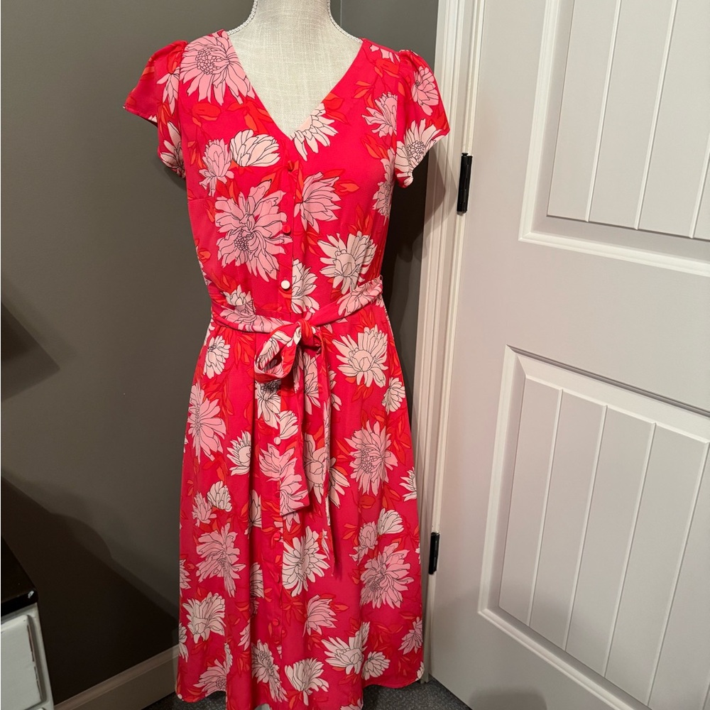 Talbots Pink and White Flutter Sleeve Wrap Midi Dress NEW